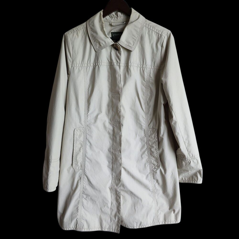 ​Eddie Bauer Womens Size L Beige Cotton Nylon Water Repellent Trench Rain Jacket